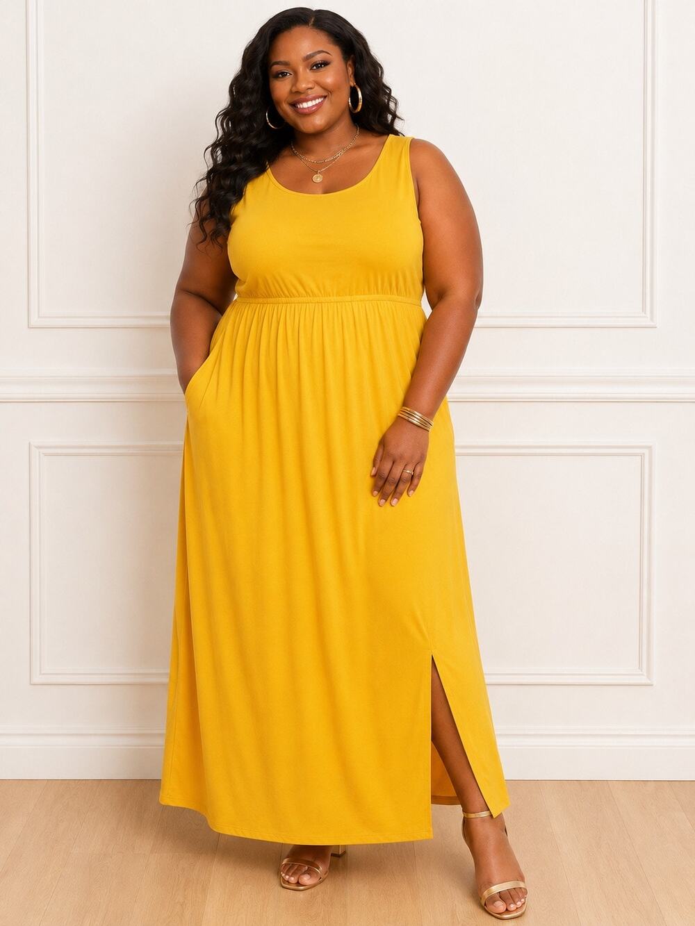 Emery Rose 4X Mustard Yellow Maxi Dress I Elastic Waist | Plus Size